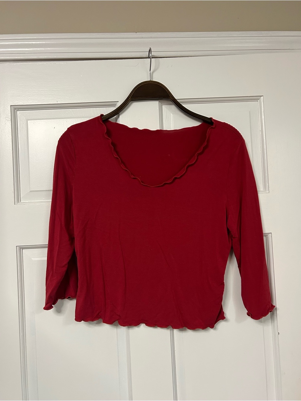 SHEIN Red Scallop Trim Long Sleeve Top